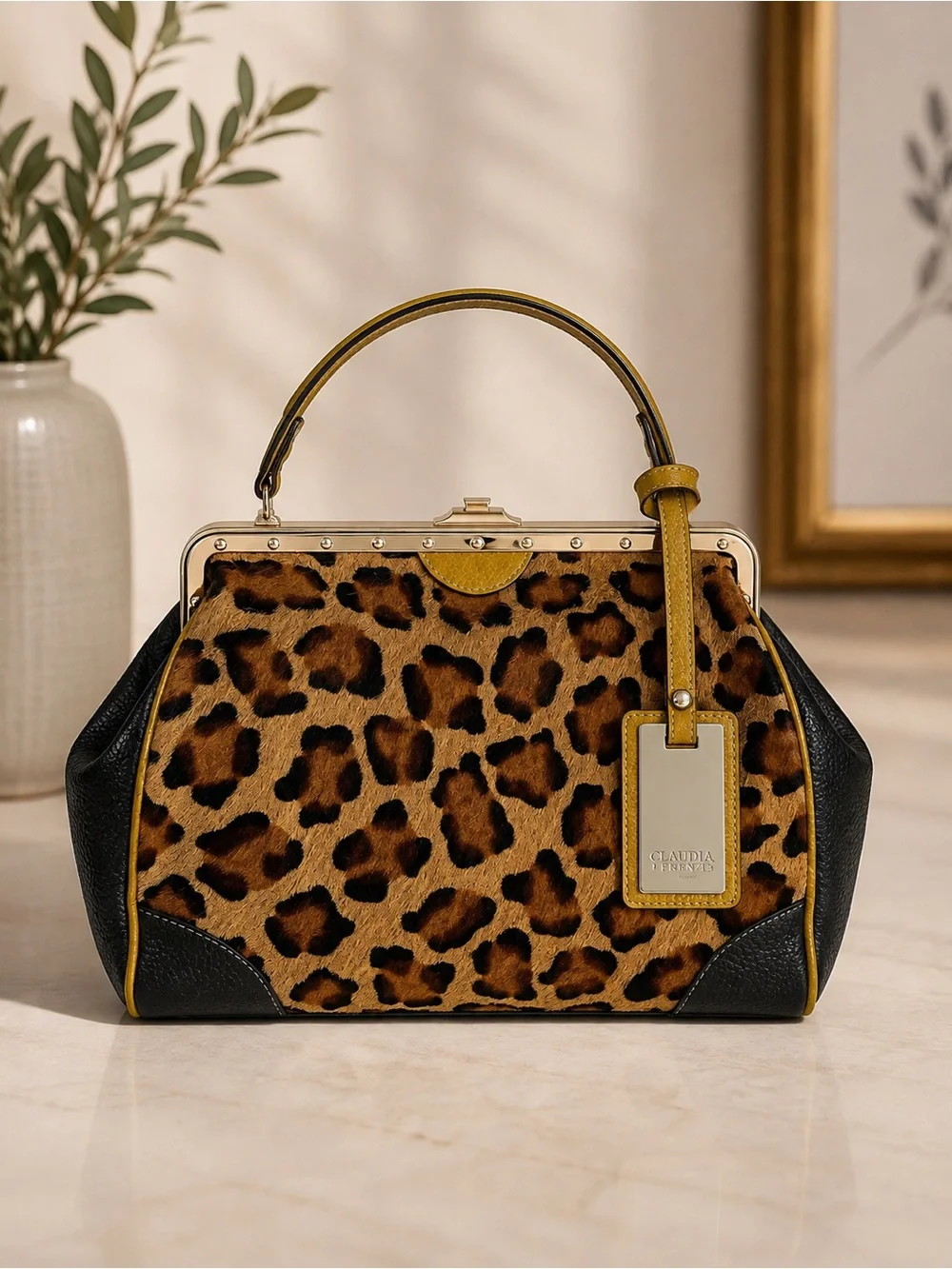 Claudia Firenze Leopard Calf Hair Leather Frame Satchel Made in Italy - Picture 1 of 15